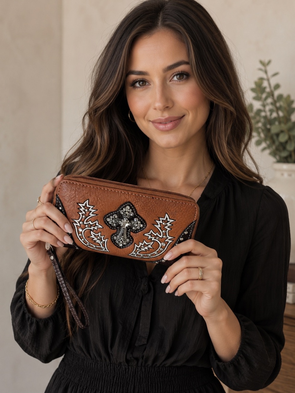P & G Collection Women's Western Style Clutch Wallet Embellished Cross & Gems